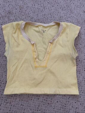 Urban Outfitters Yellow Ribbed Cap-Sleeve V-Neck Women's Top M/L